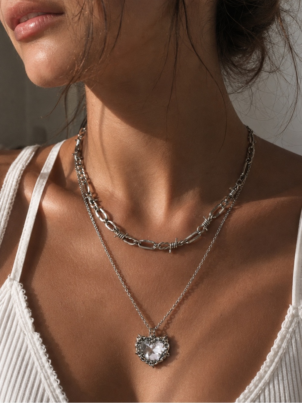 Free People Silver Layered Heart Charm and Barb Wire Necklace
